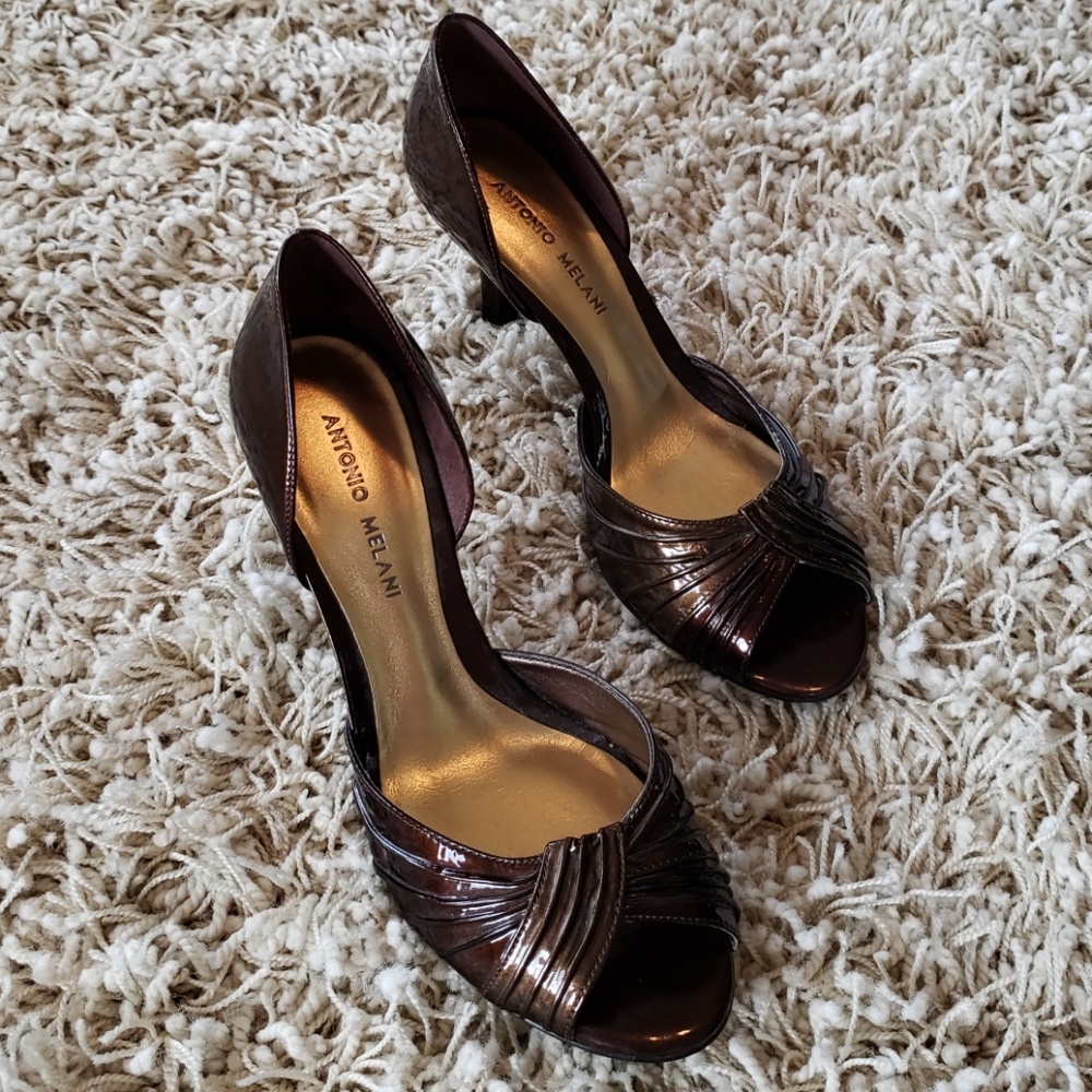 Antonio Melani brown shiny open toe heels